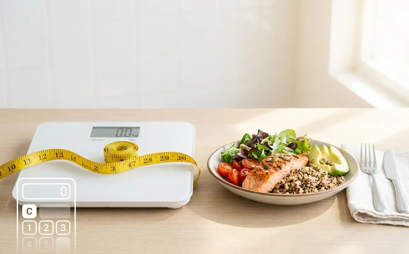 Calorie Calculator for Weight Loss with Scale and Healthy Food